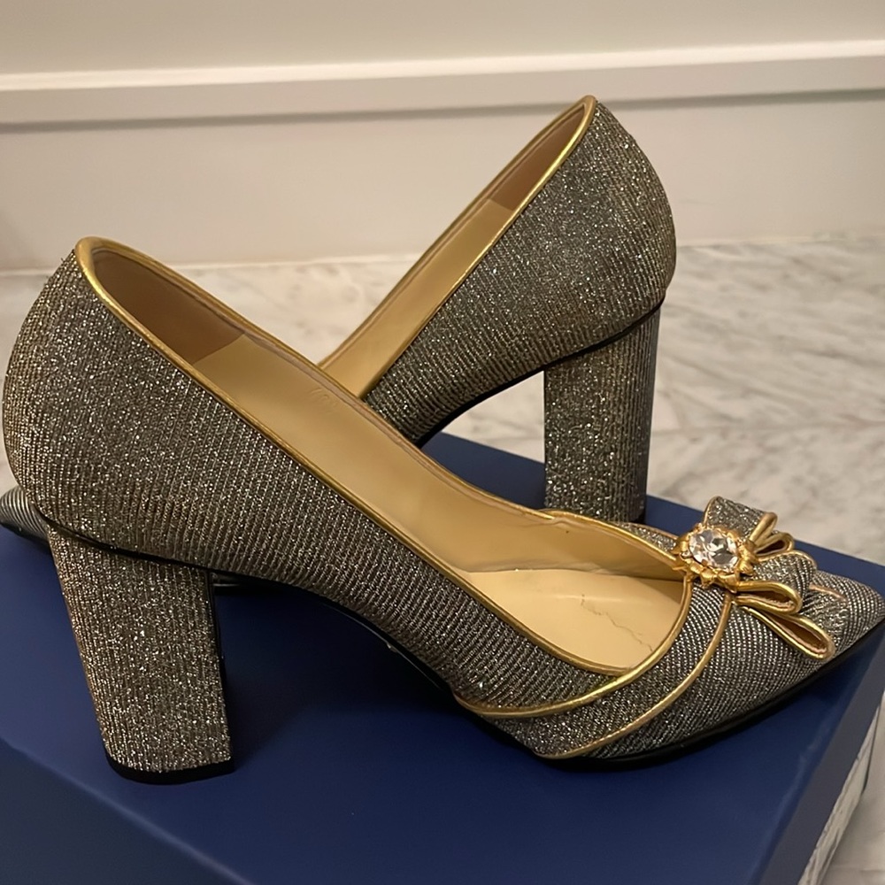 Sarah Flint Silver Glitter Block Heels with Gold Bow Accent